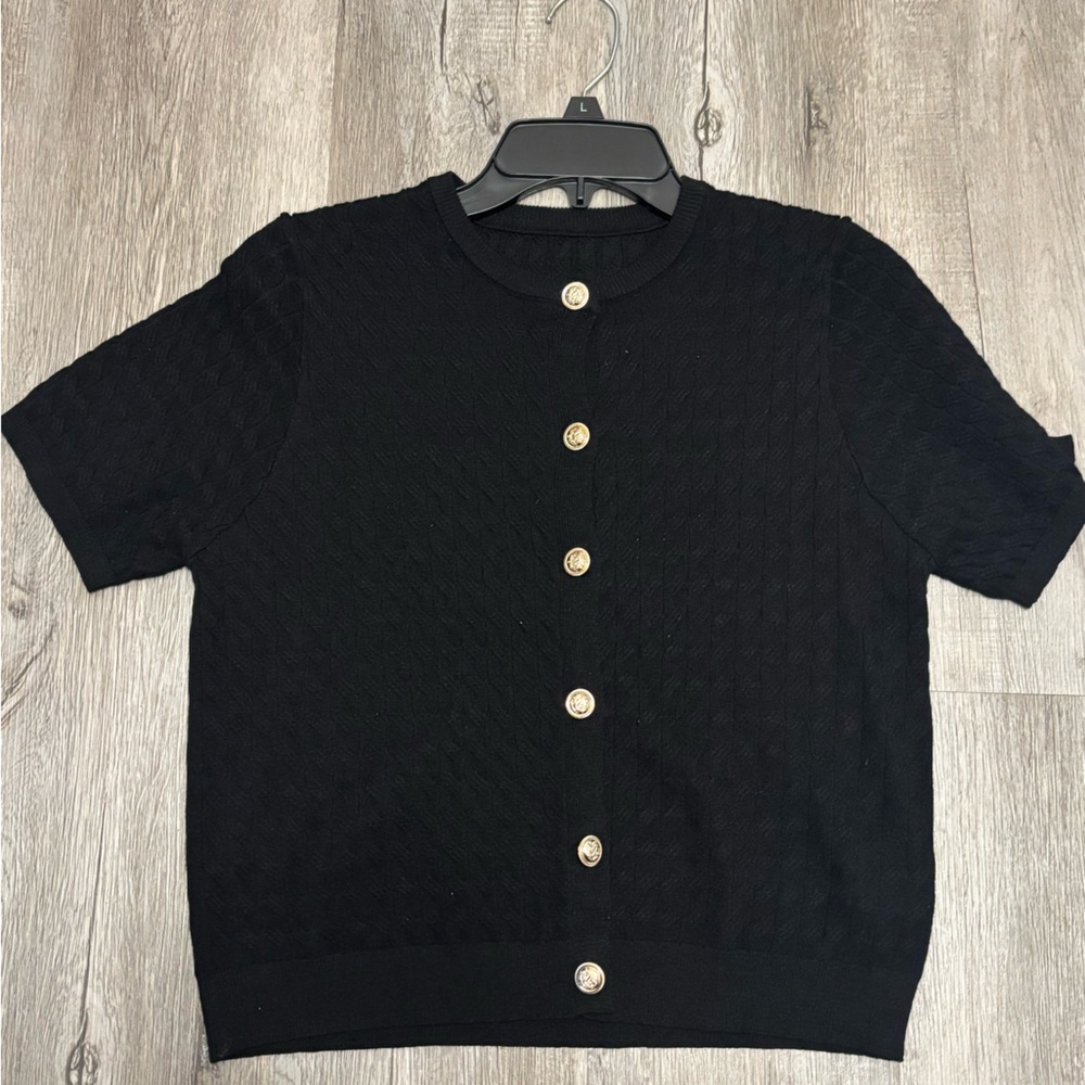 Black Short Sleeve Button-Up Top